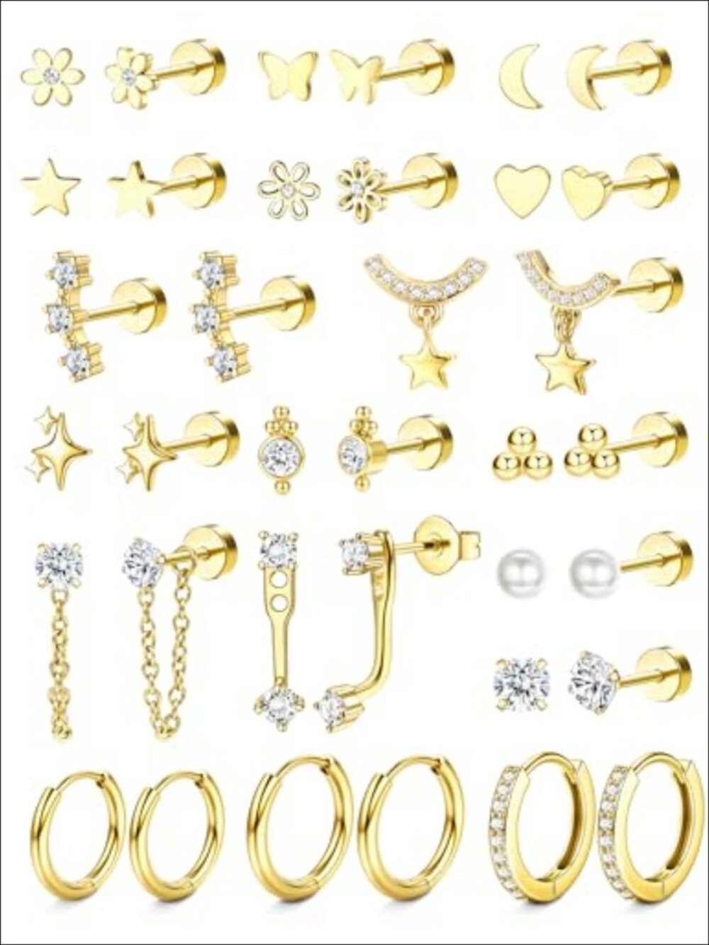 Hypoallergenic Stainless Steel Flat Back Stud & Hoop Earring Set 18 Pairs
